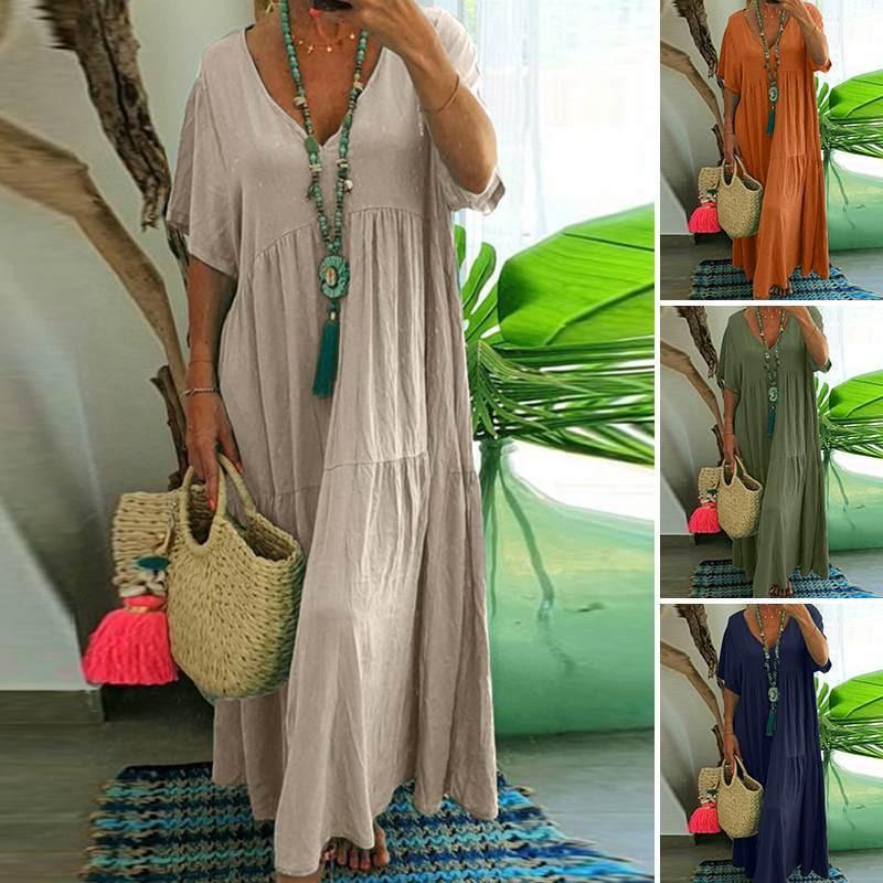 Summer Fashion New Women's Long Dress V- Neck Irregular Cotton Blended Elegant Large Size Casual Long Swing Vintage Dress