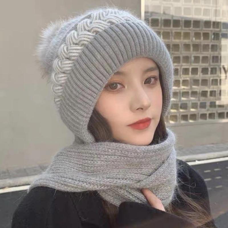 Hat and Scarf Integrated Winter Warm Thickened Knitted Wool Hat Two-piece Set Ear Protector Fleece Cold-proof Scarf