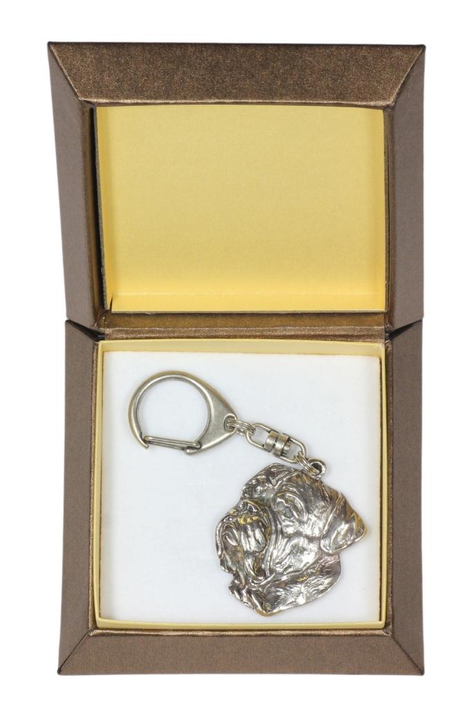 Dogue de Bordeaux, French Mastiff - Silver-plated key ring with a dog in a gift box, handbag decoration, backpack pendant by Art-Dog brand