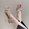 2025 Summer New European and American Thin-heeled Rhinestone Casual Versatile Sandals Cross Women's Shoes One-word Buckle Square Head High Heels