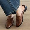 Fashion British Buckle Strap Mules Shoes Ladies Med-High Heels Slippers Slip On Derby Sliders Femmes Pantuflas PU Leather Loafers Woman