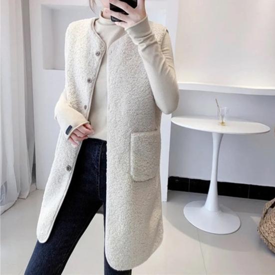 Fall Winter Women Vest Coat Round Neck Loose Mid Length Sleeveless Single-breasted Pockets Cardigan Warm Thick Outwear Waistcoat
