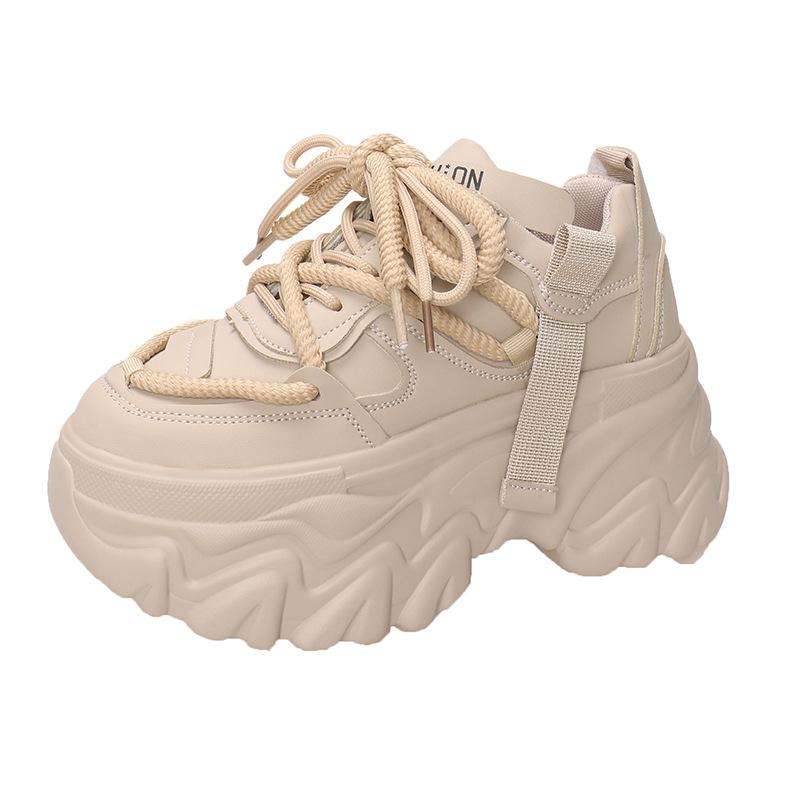 Fashion Women Platform Sneakers Spring Autumn 8CM Hidden Heel Sports Dad Shoes Woman Lace Up Leather White Casual Tennis Shoes Zapatos