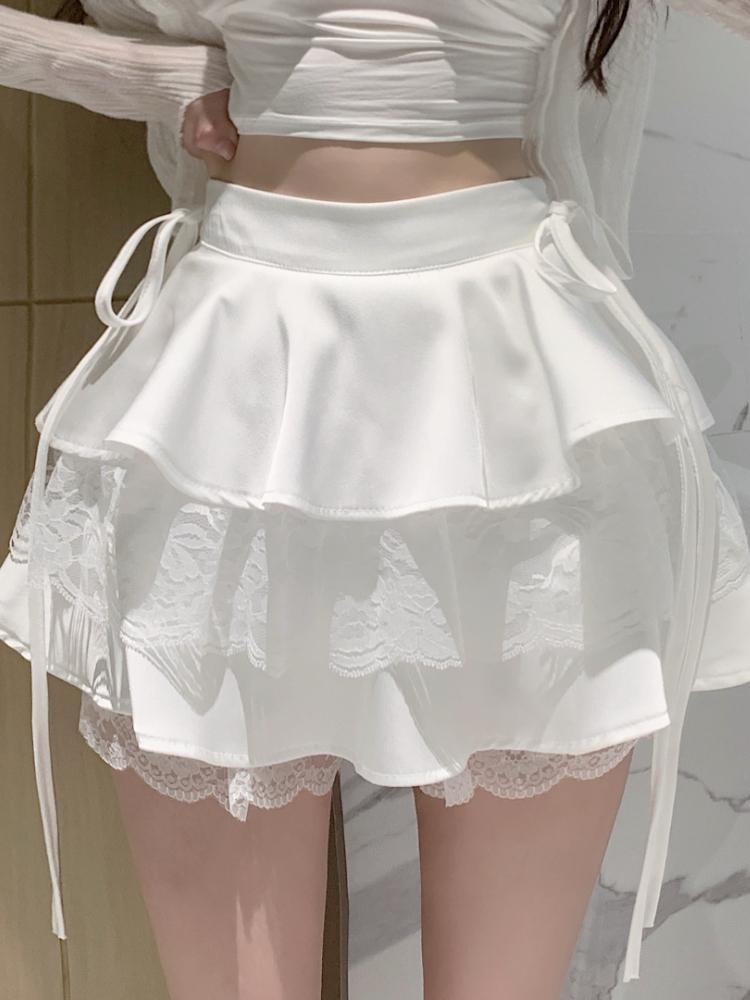 Pink Vintage Sweet Mini Skirt Women Lace-up Japanese Lolita Kawaii Cake Skirt Female Lace Korean Cute Fairy Skirts Autumn 2024