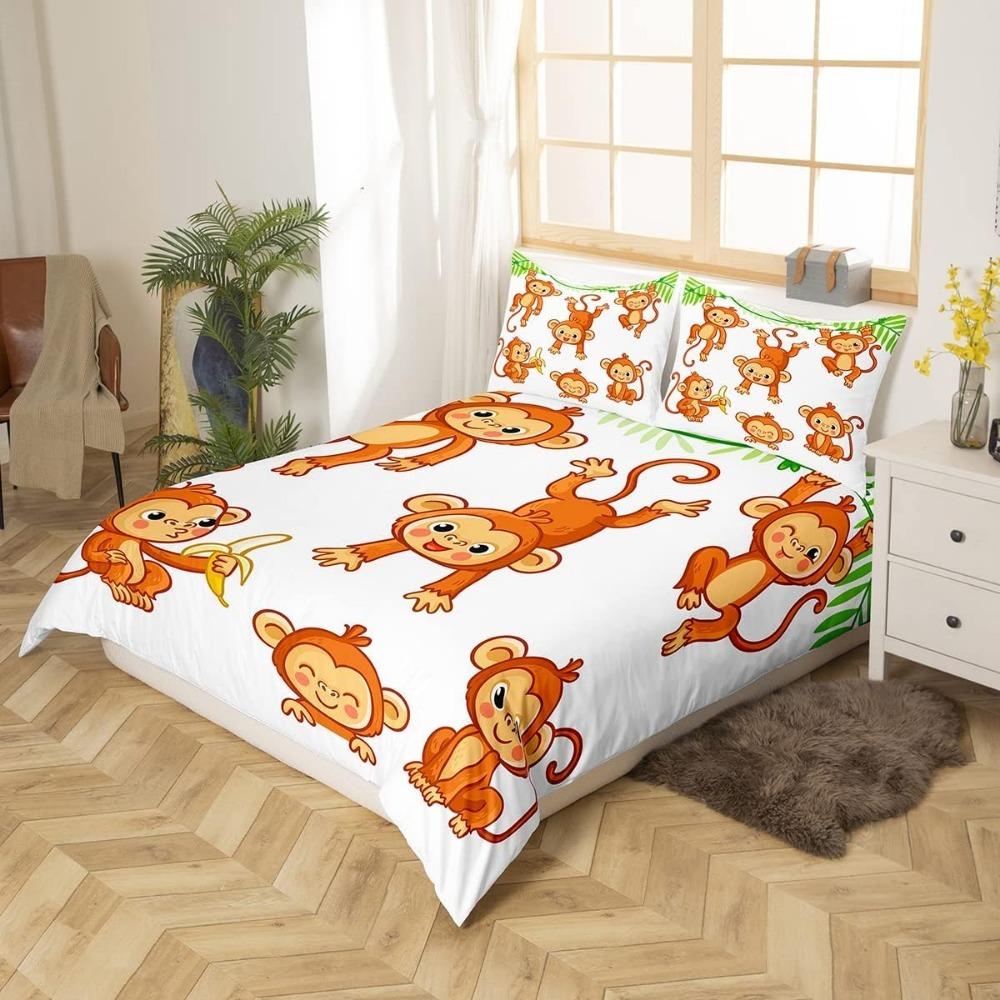 Милый комплект постельного белья с обезьянками, Декоративная простыня с мультяшными обезьянками и бананами, Детский взрослый комплект постельного белья с микрофибровой застежкой-молнией