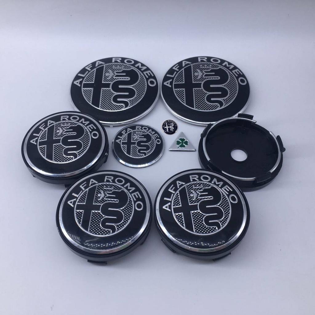 EGJCU1 1sets 9pcs For Alfa Romeo new black T60 060 60mm black caps 74mm Steering Wheel Badge Car Hood Front Emblem Giulia Stelvio Mito