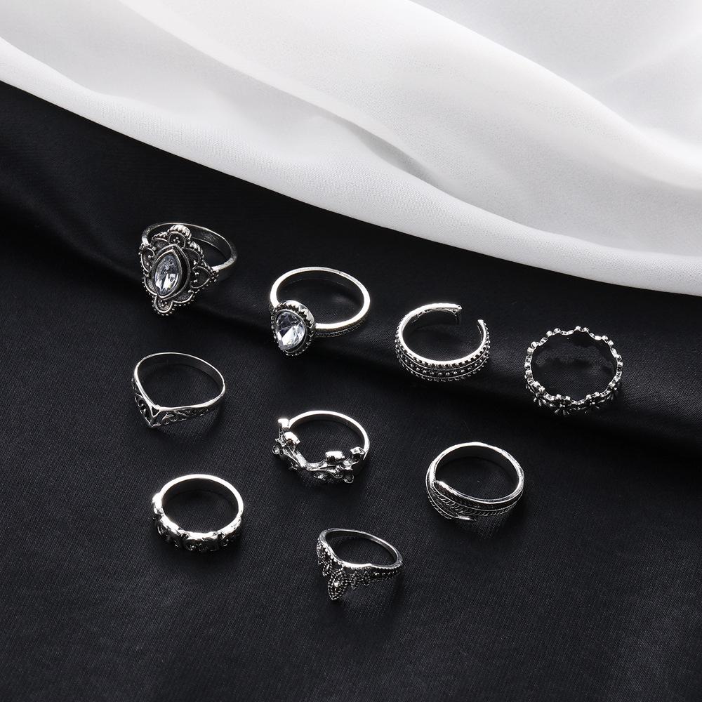 Винтажный набор открытых колец с цветочным узором из страз и перьев - 9 штук