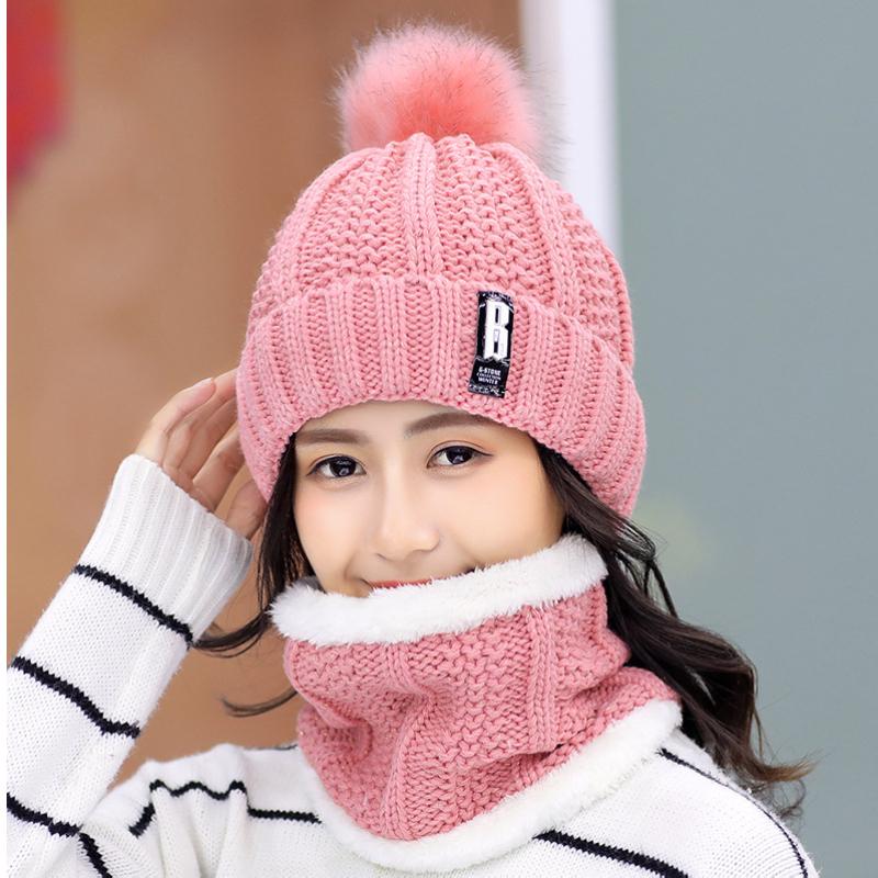 Winter Knitted Scarf Hat Set Thick Warm Skullies Beanies Hats for Women Solid Outdoor Snow Riding Ski Bonnet Caps Girl