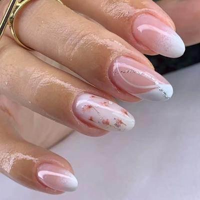 24 шт. Накладные ногти короткие миндалевидные с блестками и цветами, накладные ногти с полным покрытием, наклейки для модных женщин