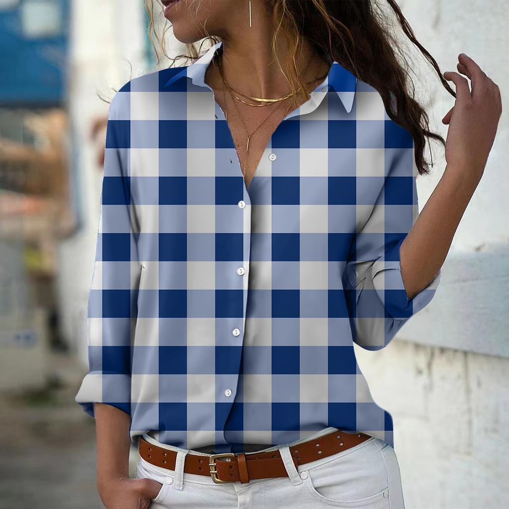 Mixed Color Grid Print Women Blouse Spring Autumn Femme Office Lady Button Up Turn Down Collar Shirts