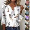 2023 Autumn New Fashion Women's Printed 3/4 Sleeve V-neck Casual Plus Size Top