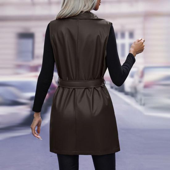 Женский жилет-пальто на осень-весну с поясом, шнуровкой на талии, отложным воротником, гладкий кардиган из искусственной кожи средней длины, женский жилет для поездок на работу и шопинга