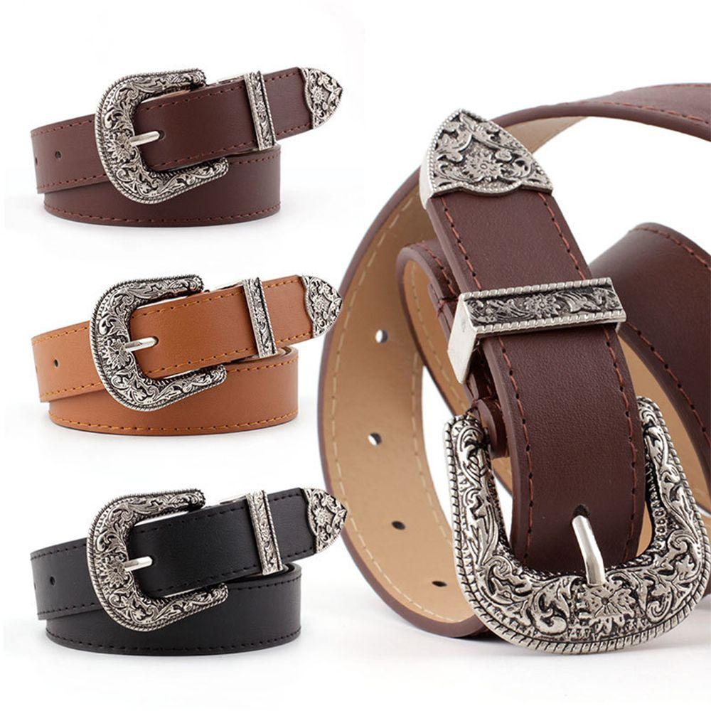 Carved Vintage PU Leather Waist Strap Pin Buckle Belt All-Match Belt Dress Waistband