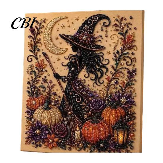 Unique Birthday Gifts for Her Ghost Faux Pearl Art DIY Kit with Frame, Halloween Cat Painting Wall Decor Ornaments Kit, 3D Witch Pumpkin Craft Adults,