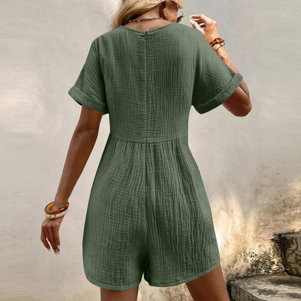 Women's Casual V-Neck Short Sleeve With Pockets Comfort Jumpsuit Shorts