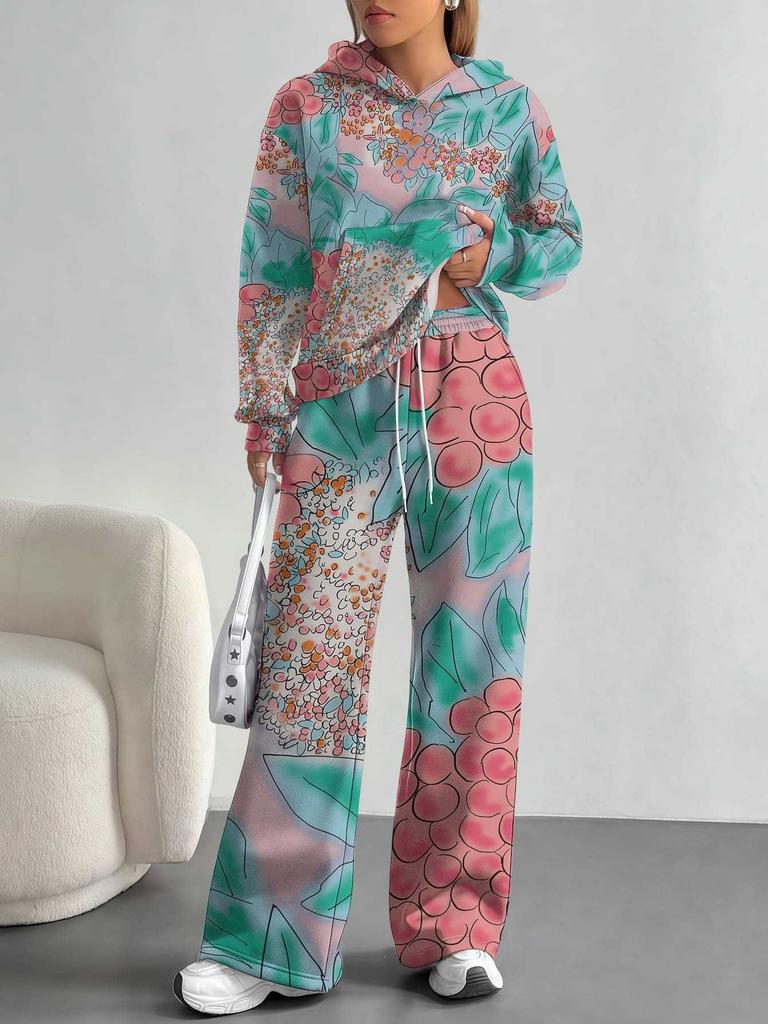 Europe, America autumn and winter 1116 casual retro flower long-sleeved suit women's hooded sweater trousers two-piece set