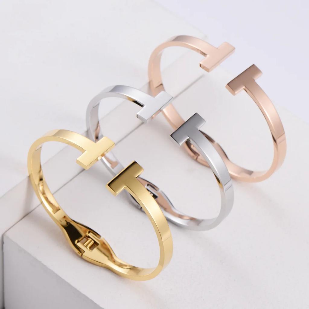 Double T Letter T Bracelet Dual Row Spring Polished Mirror Surface Titanium Steel Plated Vacuum Jewelry Accessory Hand Ring