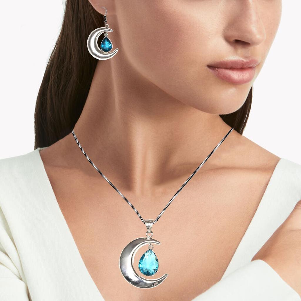 Комплект из серег и подвески ко Дню матери с драгоценным камнем London Blue Topaz