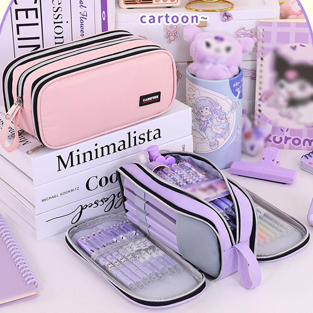 Large capacity pencil case with three-layer zipper, student stationery bag, simple and multifunctional pencil case