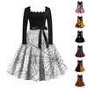 Women Halloween Print Flare Dress Long Sleeve O-Neck Dress Party Casual Dresses