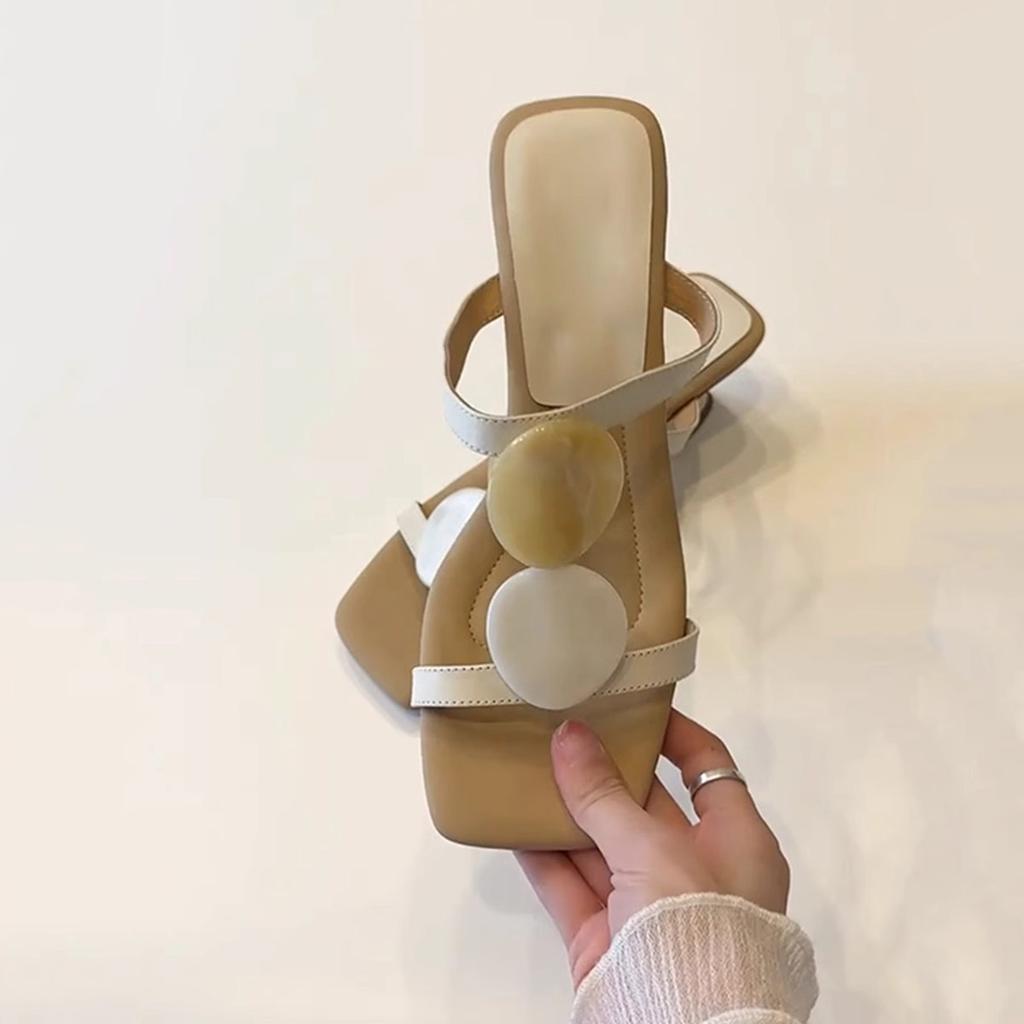 Sheepskin version~ niche French temperament special-shaped wedge heel one-word slippers women's head temperament with skirt beach sandals