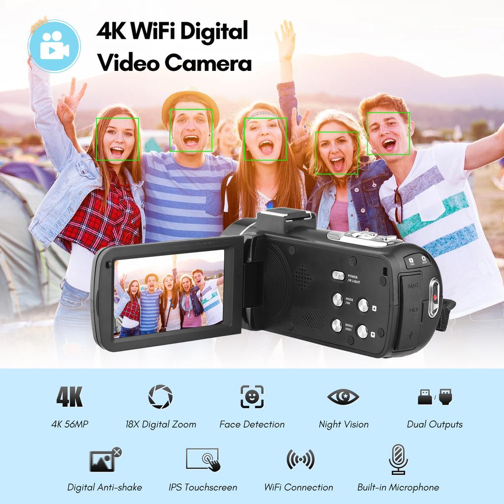 4K Digital Video Camera WiFi Camcorder DV Recorder 56MP 18X Digital Zoom 3.0 Inch IPS Touchscreen
