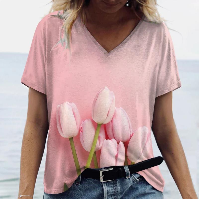 Fashion Tulip 3D Printed Women's T-shirt Summer Casual Flower V-neck Shirt Vintage Harajuku Women's Plus Size Top T-shirt