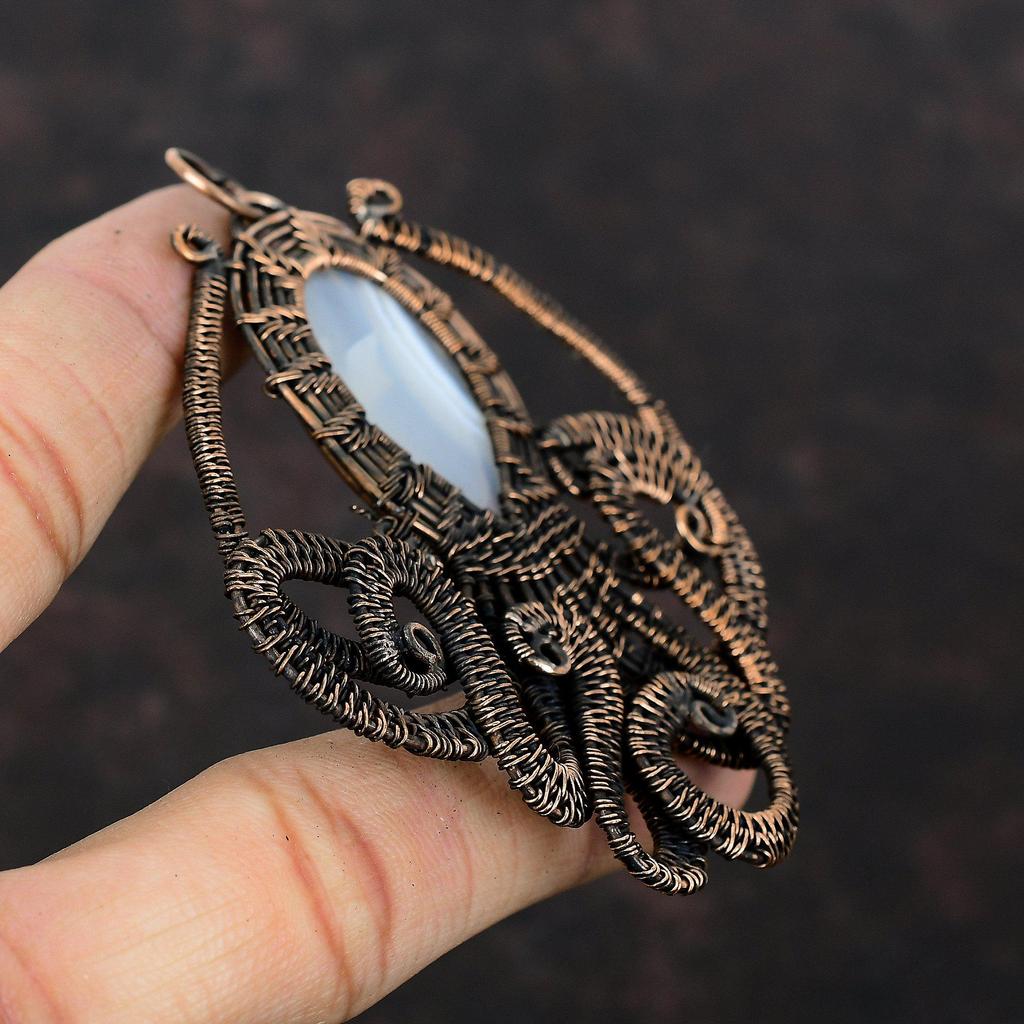 Подвеска из агата Ботсваны, подвеска из медной проволоки, ювелирное изделие из драгоценных камней, подвеска ручной работы из меди, ювелирное изделие из проволоки, осьминог, подарок для женщин