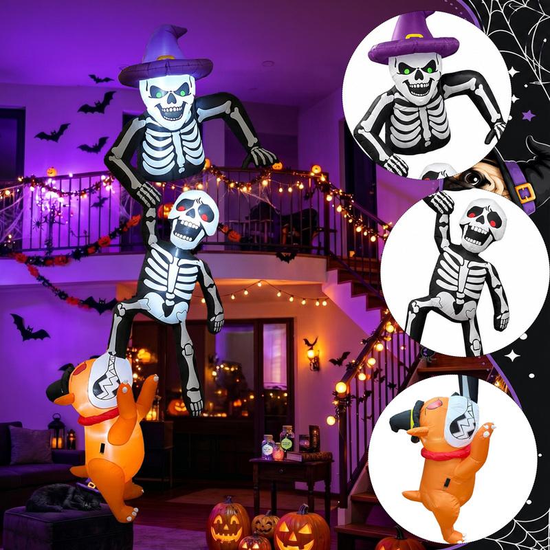 8FT Inflatable Halloween Decorations, Featuring a Dog Biting a Climbing Skeleton, Suitable for Patios, Rooftops, and Parties