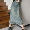 2024 Джинсовая юбка миди с бахромой и пэчворком - Женская винтажная приталенная