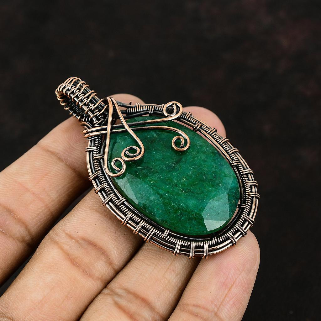 Замбийский изумрудный медный кулон, обернутый медной проволокой, медный изумруд, ювелирное изделие ручной работы, кулон для нее, подарок для матери, ювелирные изделия из драгоценных камней