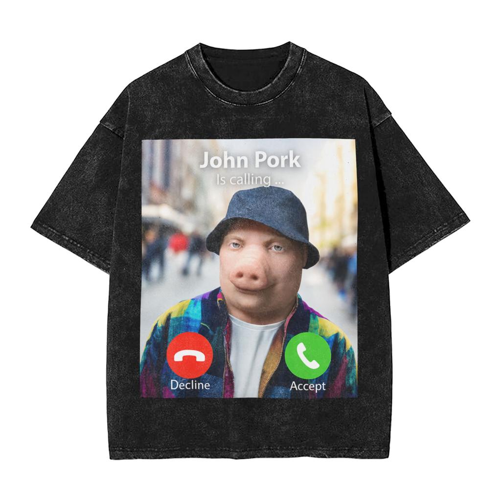 Vintage Washed Tshirt John Pork Holding Niche Ai Baby Funny Halloween Motion Meme Cotton Tshirts Trending Tshirt For Man