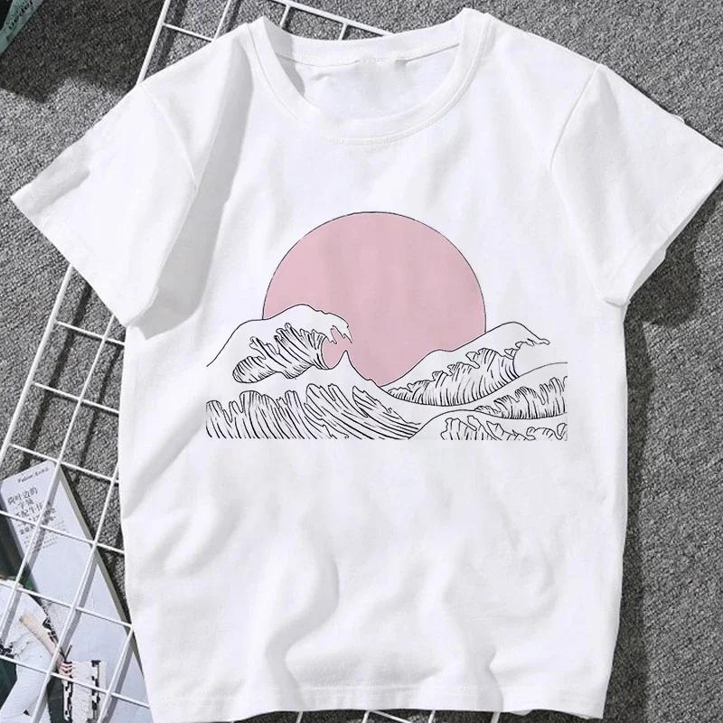This Stylish Women's Summer T-shirt Features A Whale and Wave Print, in A Trendy Japanese Harajuku Style.Summer Streetwear Y2K