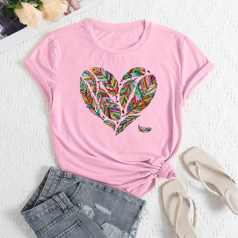 Летние женские футболки больших размеров с принтом в виде перьев и сердец, свободные, с круглым вырезом, повседневные, из чистого хлопка, с короткими рукавами, женские