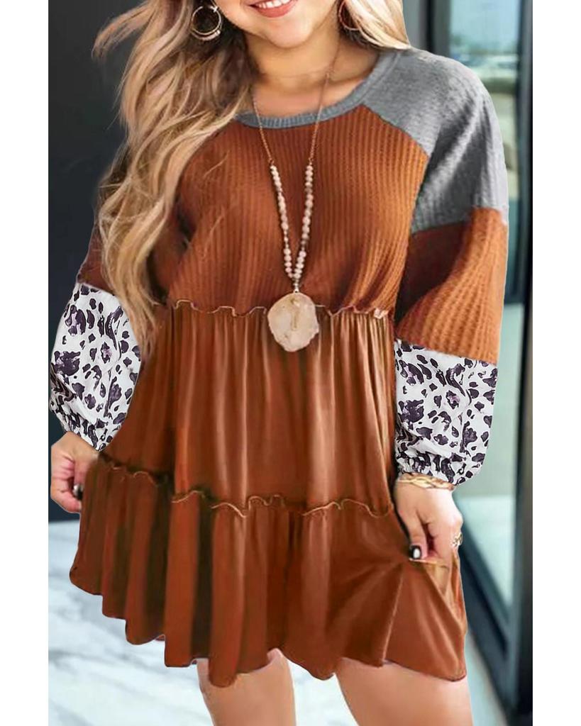 Azura Exchange Gold Flame Plus Size Waffle Leopard Long Sleeve Ruffle Mini Dress