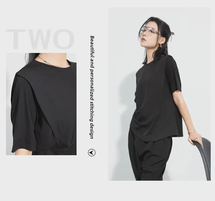 Футболка из темного тенселя Ice Silk Drape Hem Roman T-Shirt - женский топ с уникальным дизайном