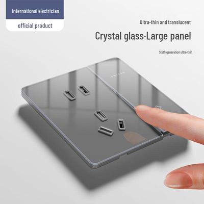 Ultra-Thin Gray Crystal Glass Switch & Socket Panel - 86 Type Concealed Installation, Five-Hole Set for Household.