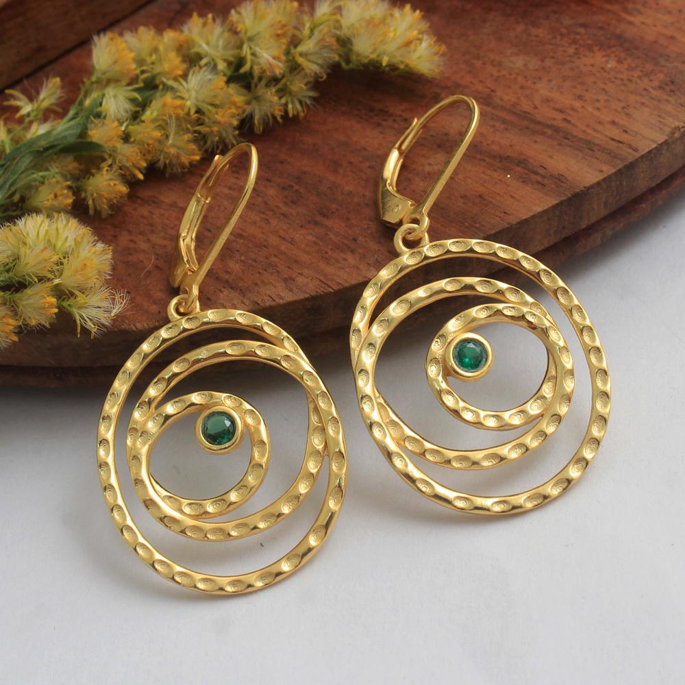 Зеленый циркон серьги с замком-левербеком серебро 925 пробы с покрытием из желтого золота