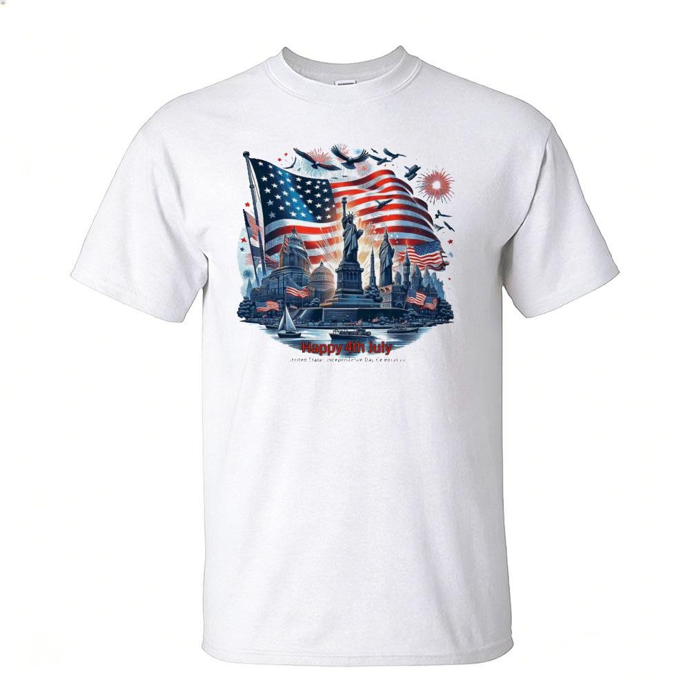 Patriot Independence Statue Of Liberty Capitol Building Flag Bird Ship Graphic Print Cotton Tshirt Unisex Casual Short Sleeve