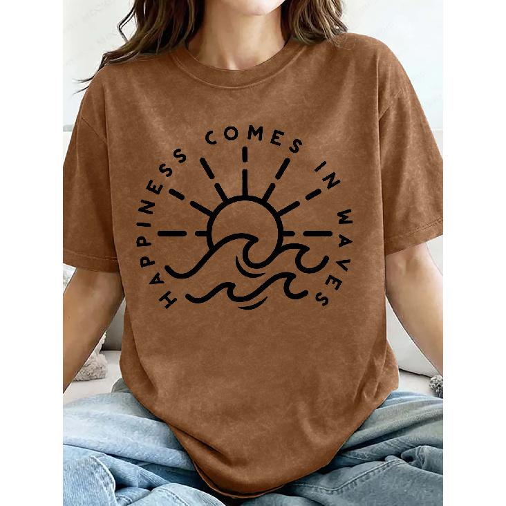 HAPPINESS COMES IN WAVES Sun and wave print snowflake short sleeve shirt T Women's T-shirt Round neck, light and breathable, casual, elegant, and