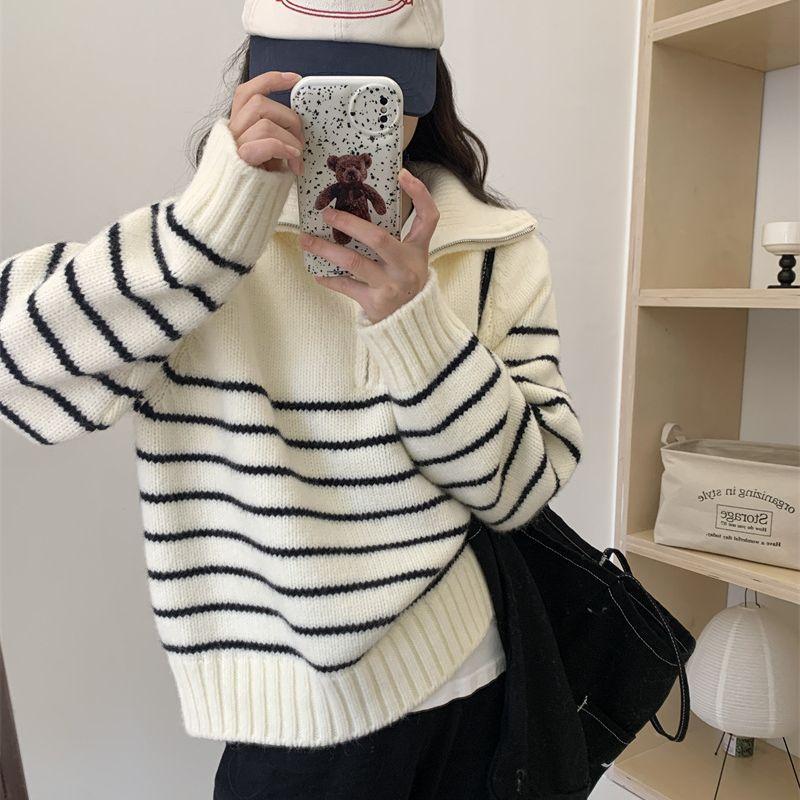 Autumn and Winter New Casual Simple Striped Knitted Sweater Top Women's Fashion Versatile Lapel Pullover Sweater