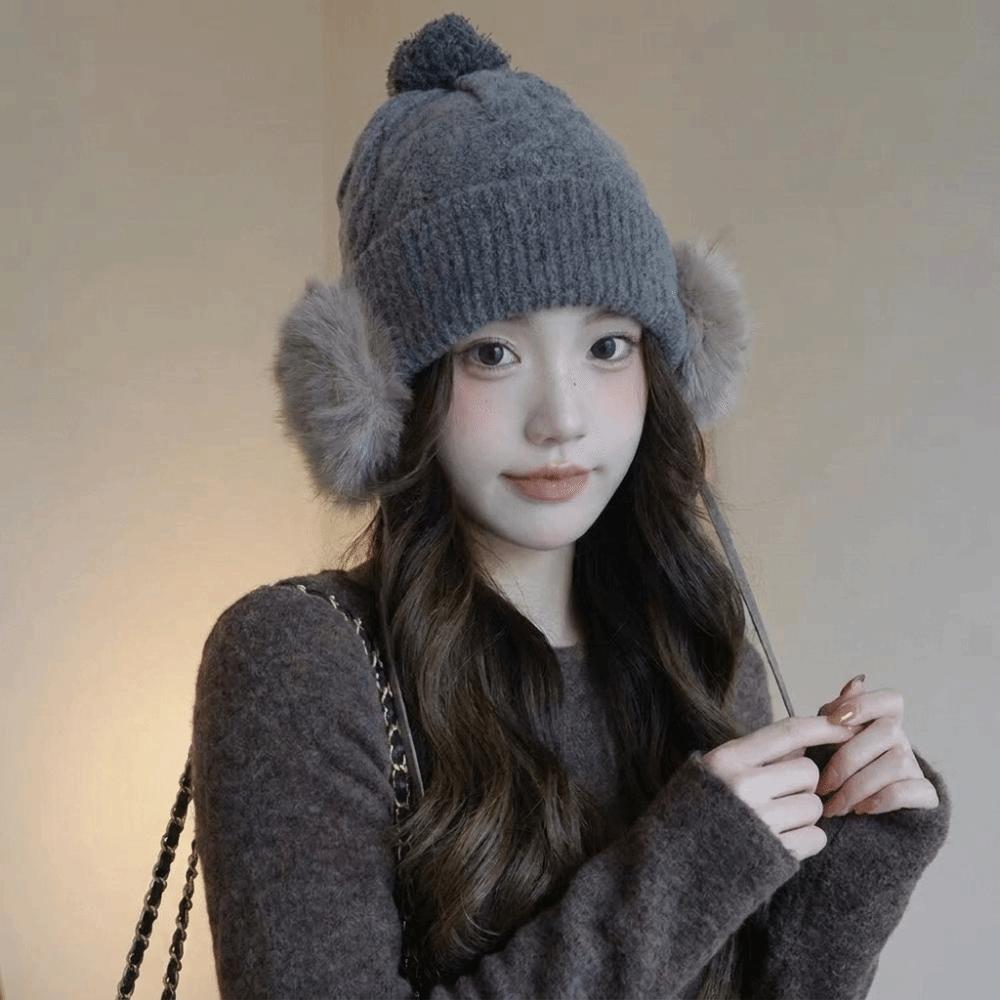 Ear Protection Knitted Trapper Hat Plush Wool Cap Fashion Pompom Beanie with Earflap Boy