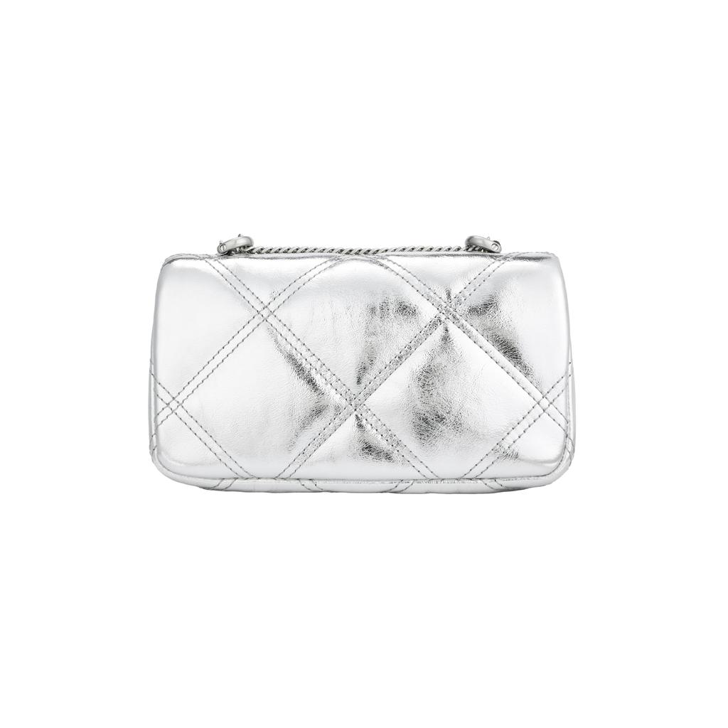 Tory Burch Kira Diamond Стеганая Плиссированная Магнитная Застежка Металл Кожаная Сумка-Тоут На Плечо Женские сумки Светло-Серебристый 158446-040