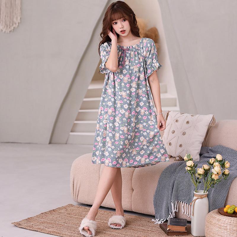Spring and summer nightgown full cotton cotton and silk short-sleeved skirt generous small elastic round neck flower long skirt a variety of ways to