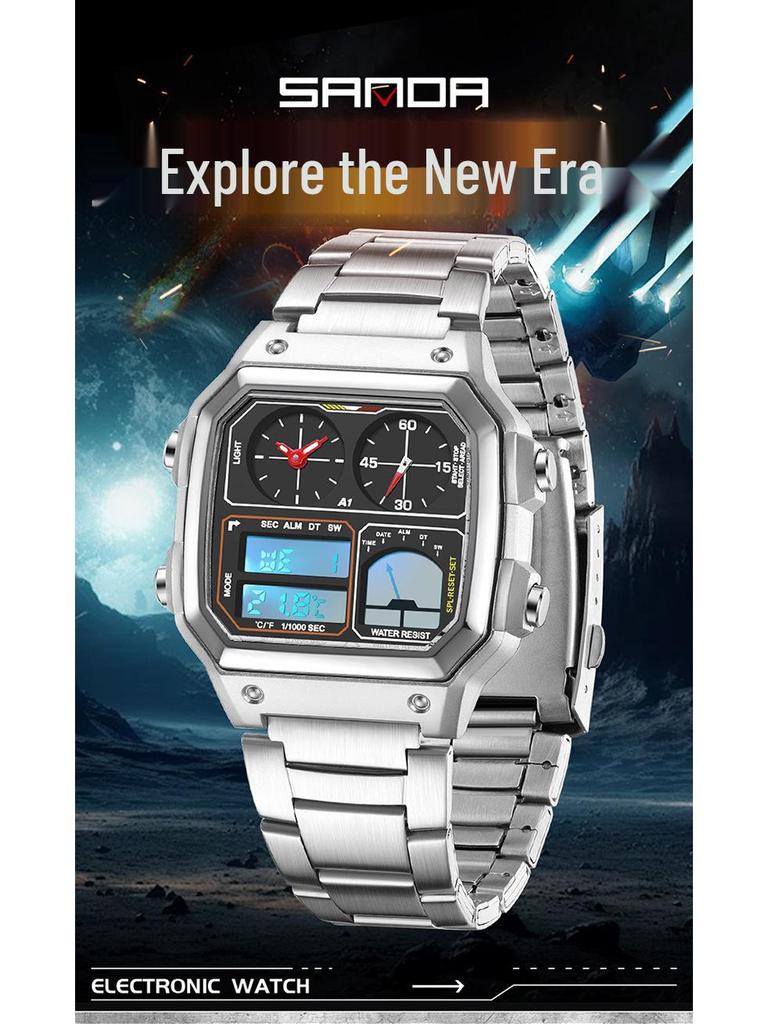 Sanda Temu Студенческие спортивные часы с измерением температуры, водонепроницаемые, двойной дисплей, многофункциональный квадратный дизайн