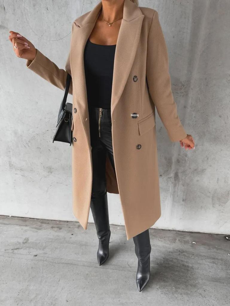 Женское двубортное шерстяное пальто 2023 г. - длинный рукав, осень/зима