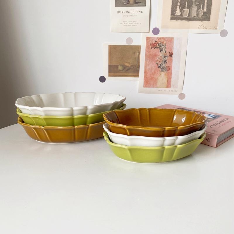Creative Vintage Japanese Wave Lace Ceramic Plate Oval Baking Pan Baked Rice Bowl Plate Fruit Salad Plate Dessert Plate