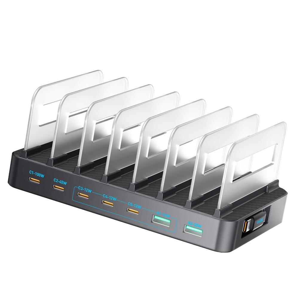 288W 8 Ports Desktop Charger GaN Technology Fast Charging Station with Detachable Baffle Retractable Cables UK Plug