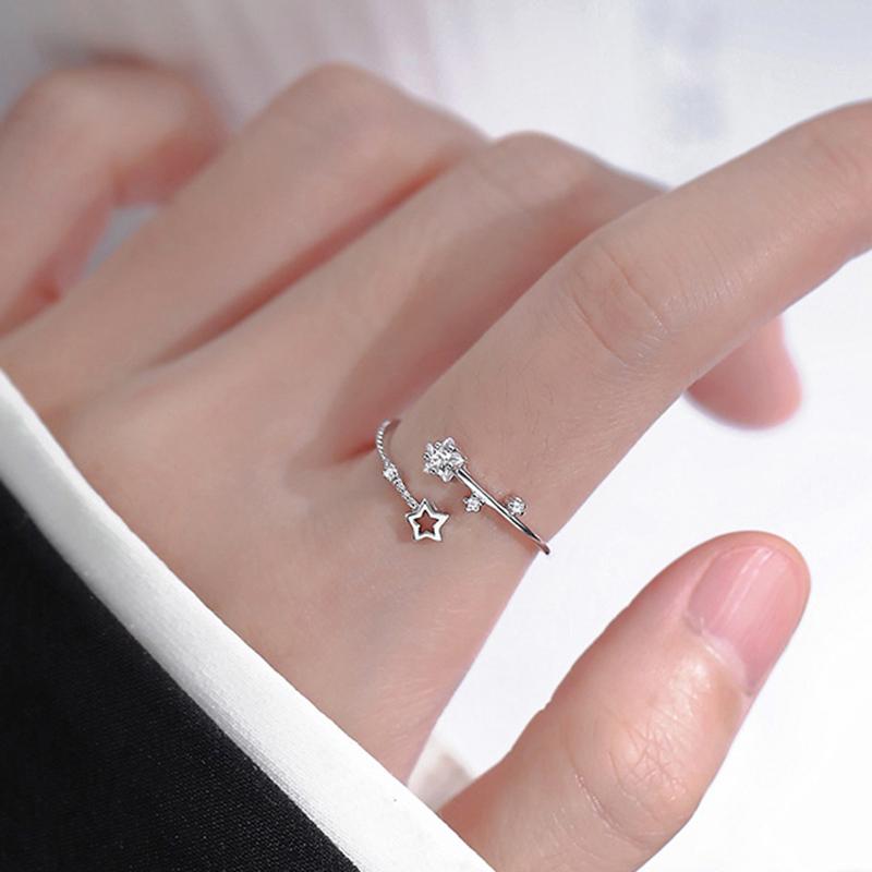 Серебряные полые пятиконечные звездные кольца для женщин в корейском стиле, регулируемое кольцо на палец, инкрустированное цирконием, свадебные украшения