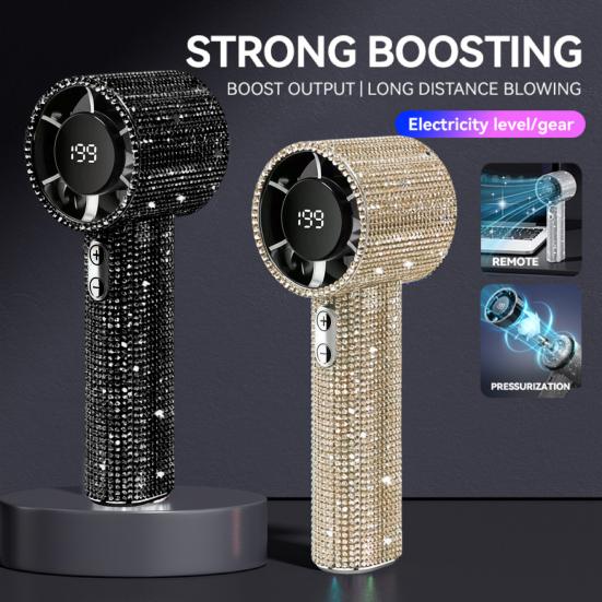 Rhinestone Handheld Fan with Digital Display Turbo High Speed Portable Mini Fan Quiet